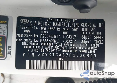 2015 Kia Sorento Lx z USA, uszkodzony, nr VIN 5XYKTCA67FG560895